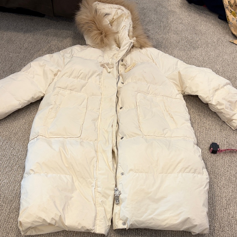 TEENIE WEENIE Women's Cream Hooded Puffer Coat with Fur Trim Size S/M